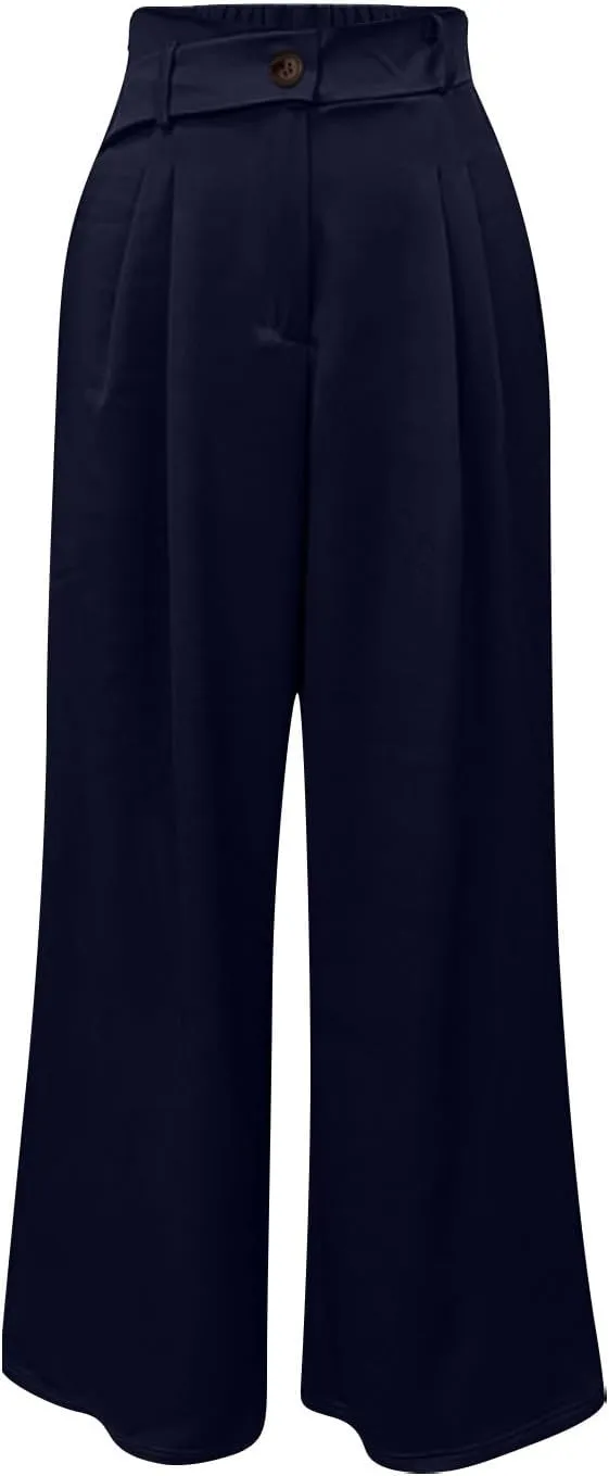 Dress Suit Pants for Women Flat Front Pleated High Waist Wide Leg Trousers Casual Loose Fit Breathable Business Pants
