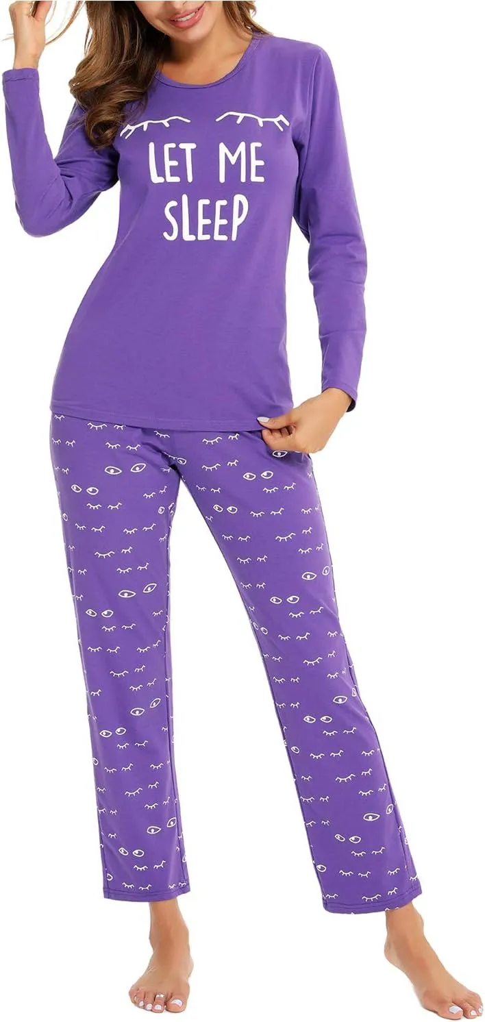 EISHOPEER Women's 2 Piece Cotton Long Sleeve Pajamas Set Cute Print Top and Pants Pjs Loungewear Sleepwear Sets