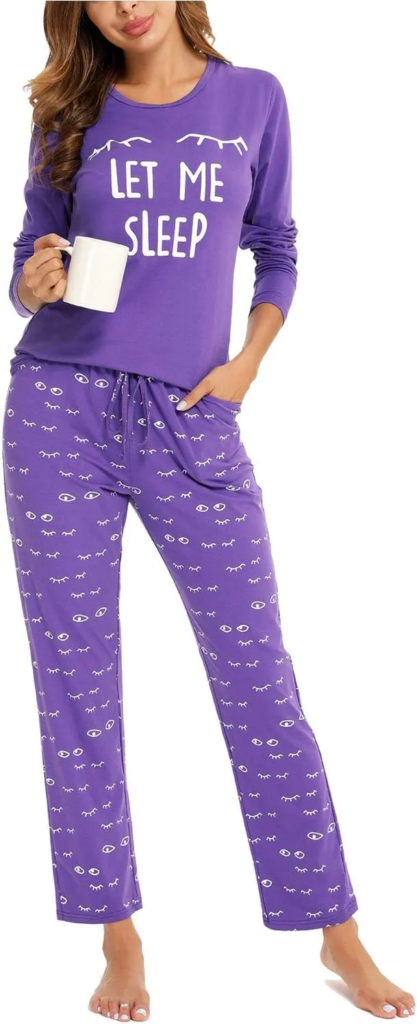 EISHOPEER Women's 2 Piece Cotton Long Sleeve Pajamas Set Cute Print Top and Pants Pjs Loungewear Sleepwear Sets