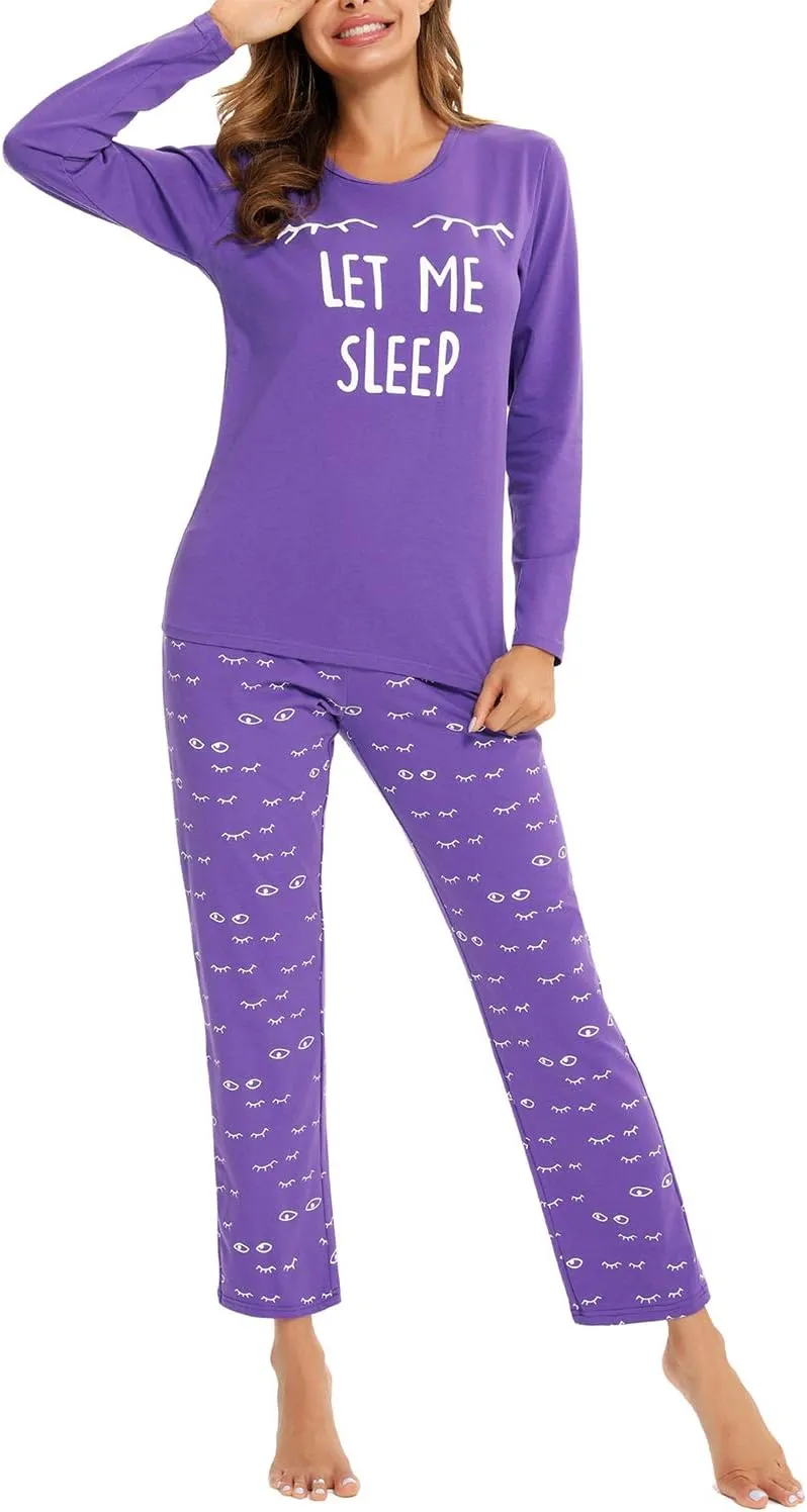 EISHOPEER Women's 2 Piece Cotton Long Sleeve Pajamas Set Cute Print Top and Pants Pjs Loungewear Sleepwear Sets