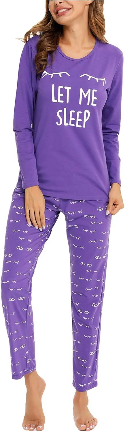 EISHOPEER Women's 2 Piece Cotton Long Sleeve Pajamas Set Cute Print Top and Pants Pjs Loungewear Sleepwear Sets