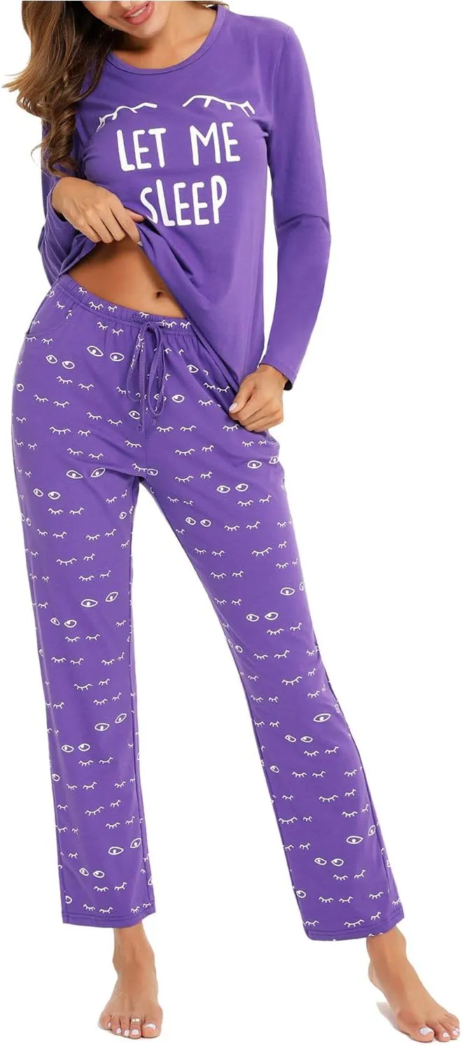 EISHOPEER Women's 2 Piece Cotton Long Sleeve Pajamas Set Cute Print Top and Pants Pjs Loungewear Sleepwear Sets