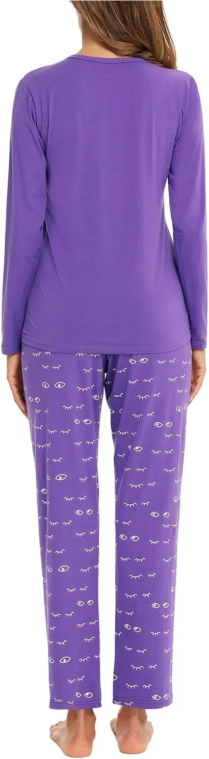 EISHOPEER Women's 2 Piece Cotton Long Sleeve Pajamas Set Cute Print Top and Pants Pjs Loungewear Sleepwear Sets