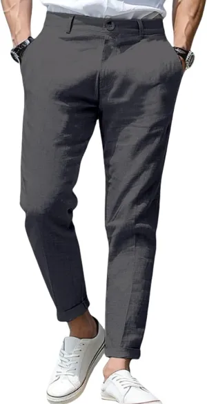 evzosrz Men's Slim-Fit Chino Jogger Pant, Cotton Linen Straight Trousers Casual Flat Front Design Comfortable Pants for Men