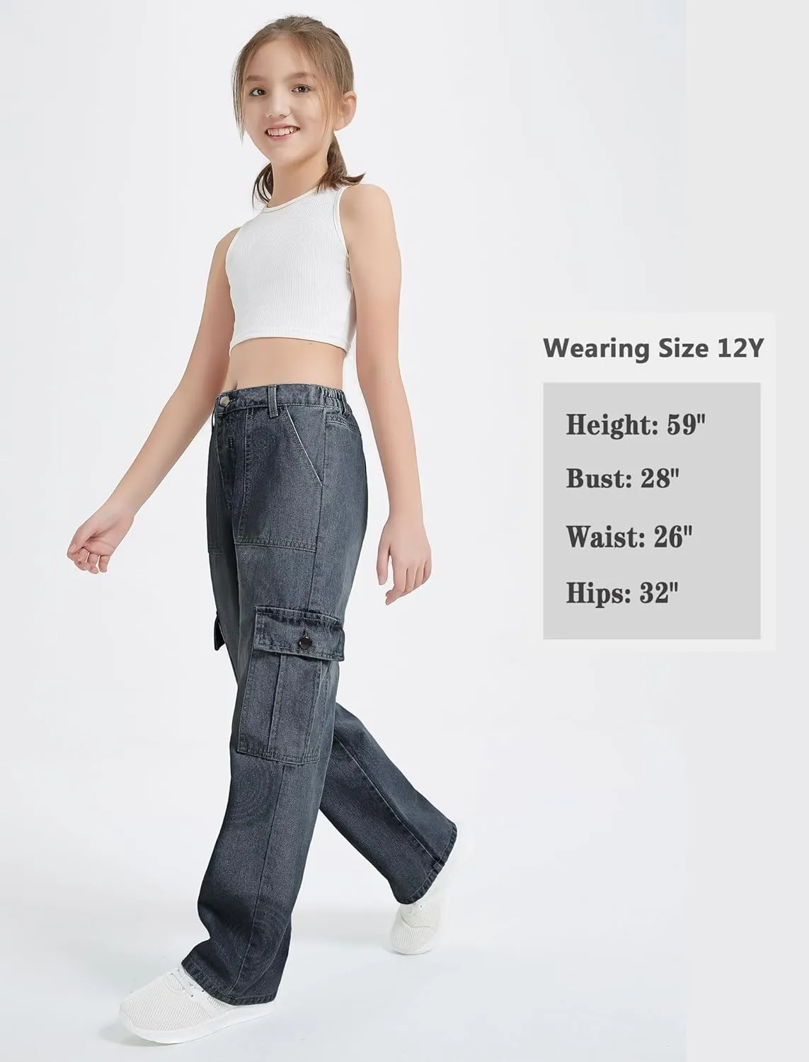EXARUS Girls Jeans Cargo Pants Baggy Wide Leg High Elastic Waistband Kids Straight Denim Pant with Pockets Youth 8-14Y