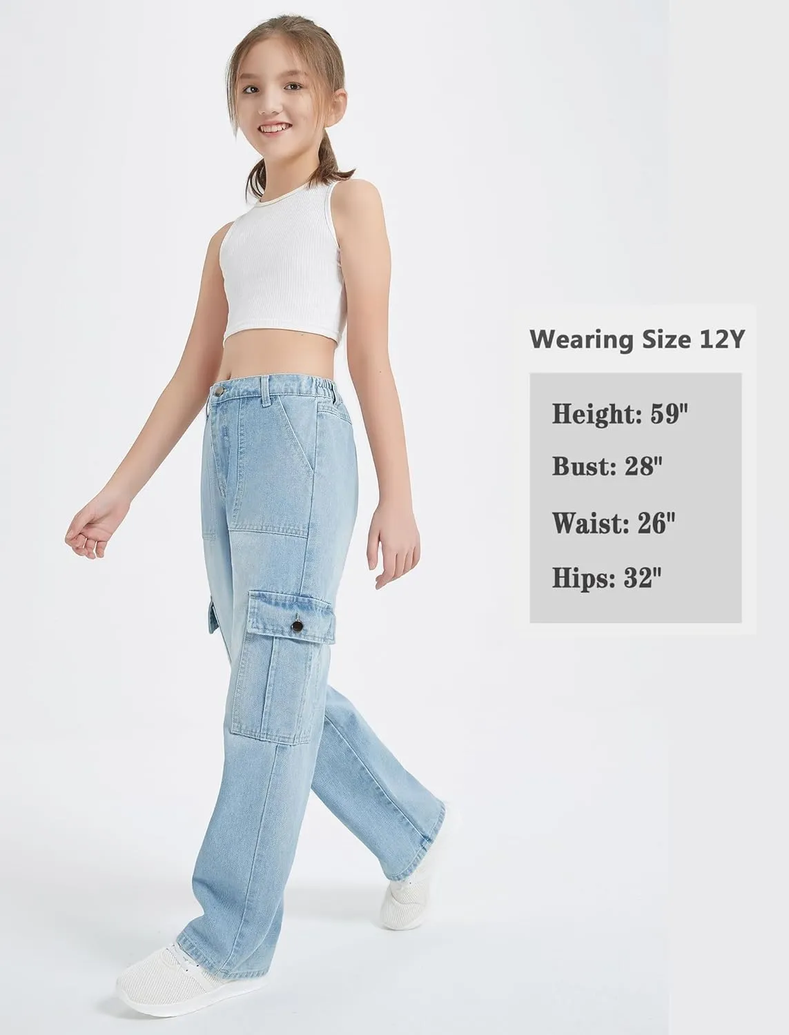 EXARUS Girls Jeans Cargo Pants Baggy Wide Leg High Elastic Waistband Kids Straight Denim Pant with Pockets Youth 8-14Y
