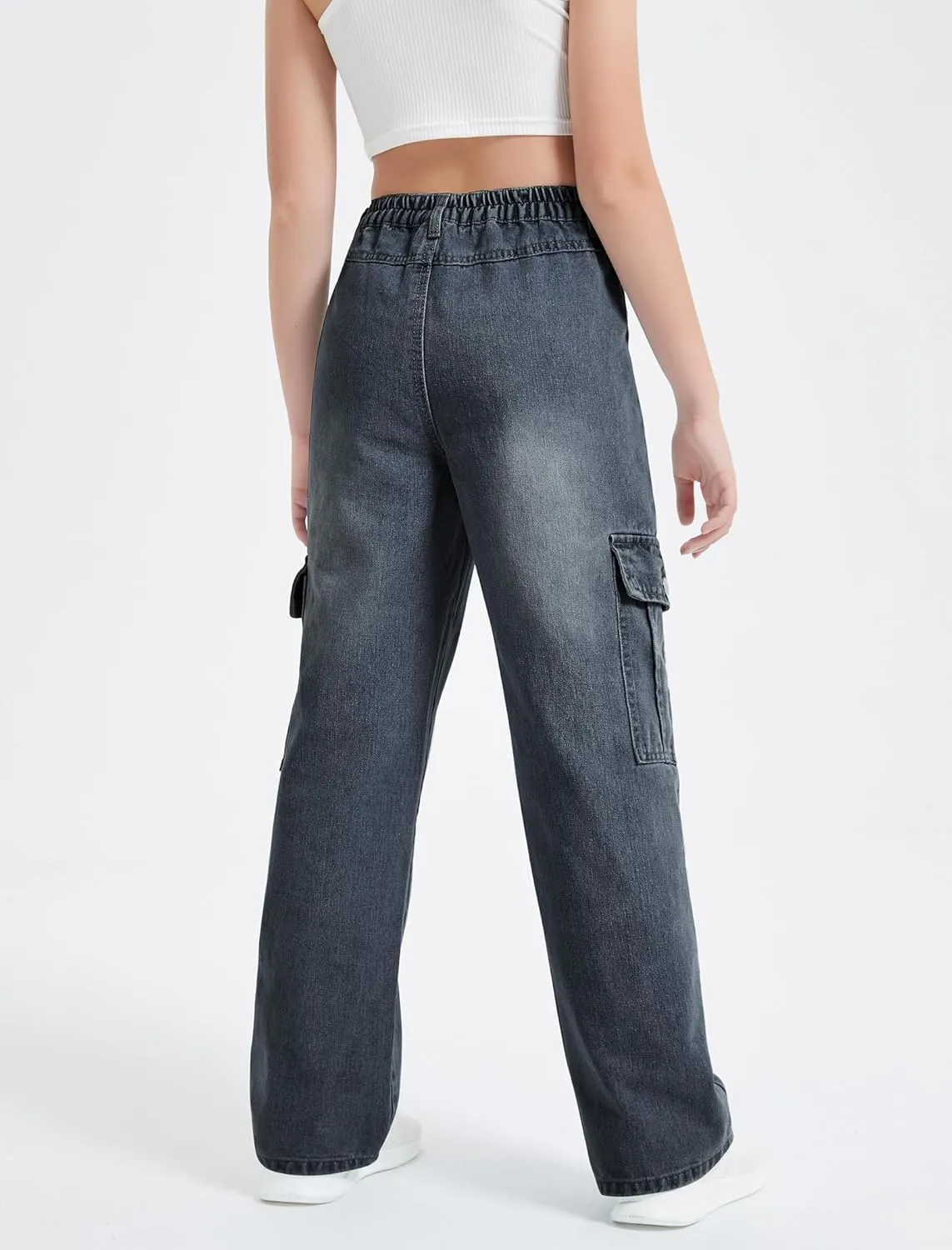 EXARUS Girls Jeans Cargo Pants Baggy Wide Leg High Elastic Waistband Kids Straight Denim Pant with Pockets Youth 8-14Y