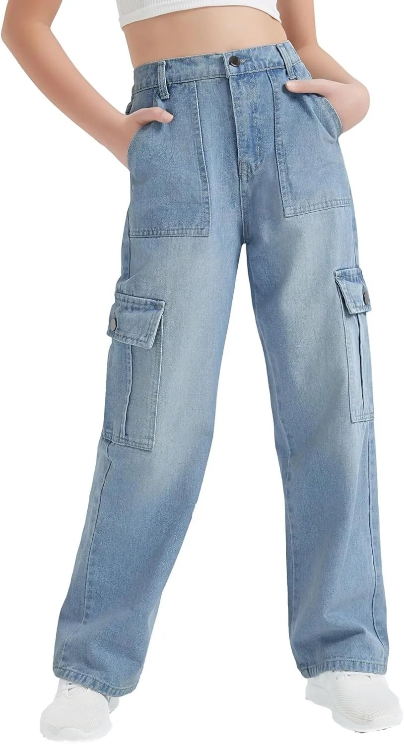 EXARUS Girls Jeans Cargo Pants Baggy Wide Leg High Elastic Waistband Kids Straight Denim Pant with Pockets Youth 8-14Y