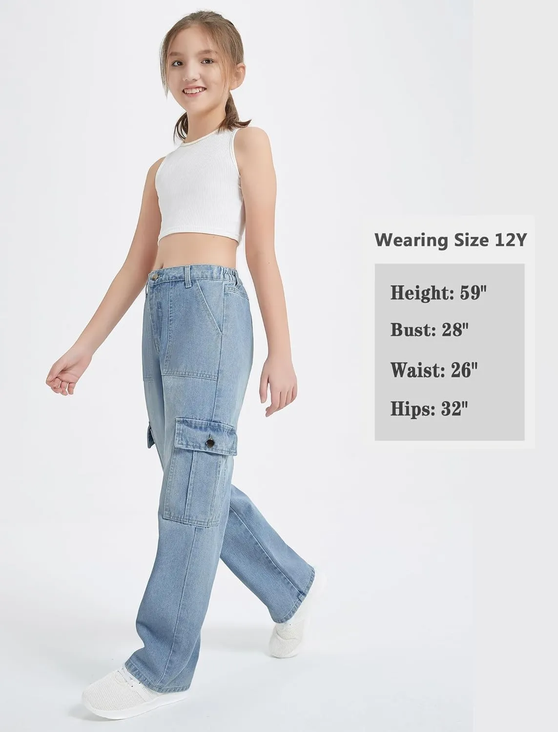 EXARUS Girls Jeans Cargo Pants Baggy Wide Leg High Elastic Waistband Kids Straight Denim Pant with Pockets Youth 8-14Y