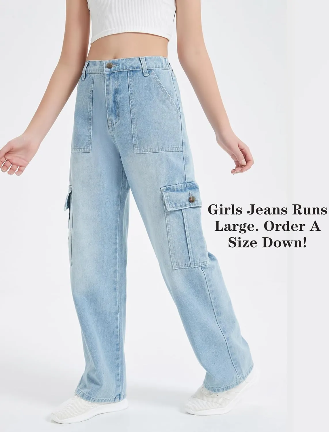 EXARUS Girls Jeans Cargo Pants Baggy Wide Leg High Elastic Waistband Kids Straight Denim Pant with Pockets Youth 8-14Y