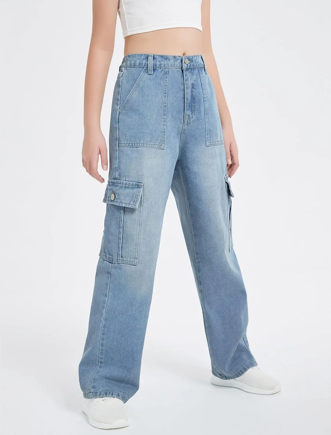 EXARUS Girls Jeans Cargo Pants Baggy Wide Leg High Elastic Waistband Kids Straight Denim Pant with Pockets Youth 8-14Y