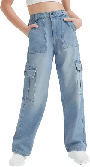 EXARUS Girls Jeans Cargo Pants Baggy Wide Leg High Elastic Waistband Kids Straight Denim Pant with Pockets Youth 8-14Y