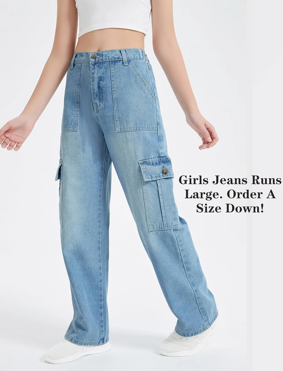 EXARUS Girls Jeans Cargo Pants Baggy Wide Leg High Elastic Waistband Kids Straight Denim Pant with Pockets Youth 8-14Y
