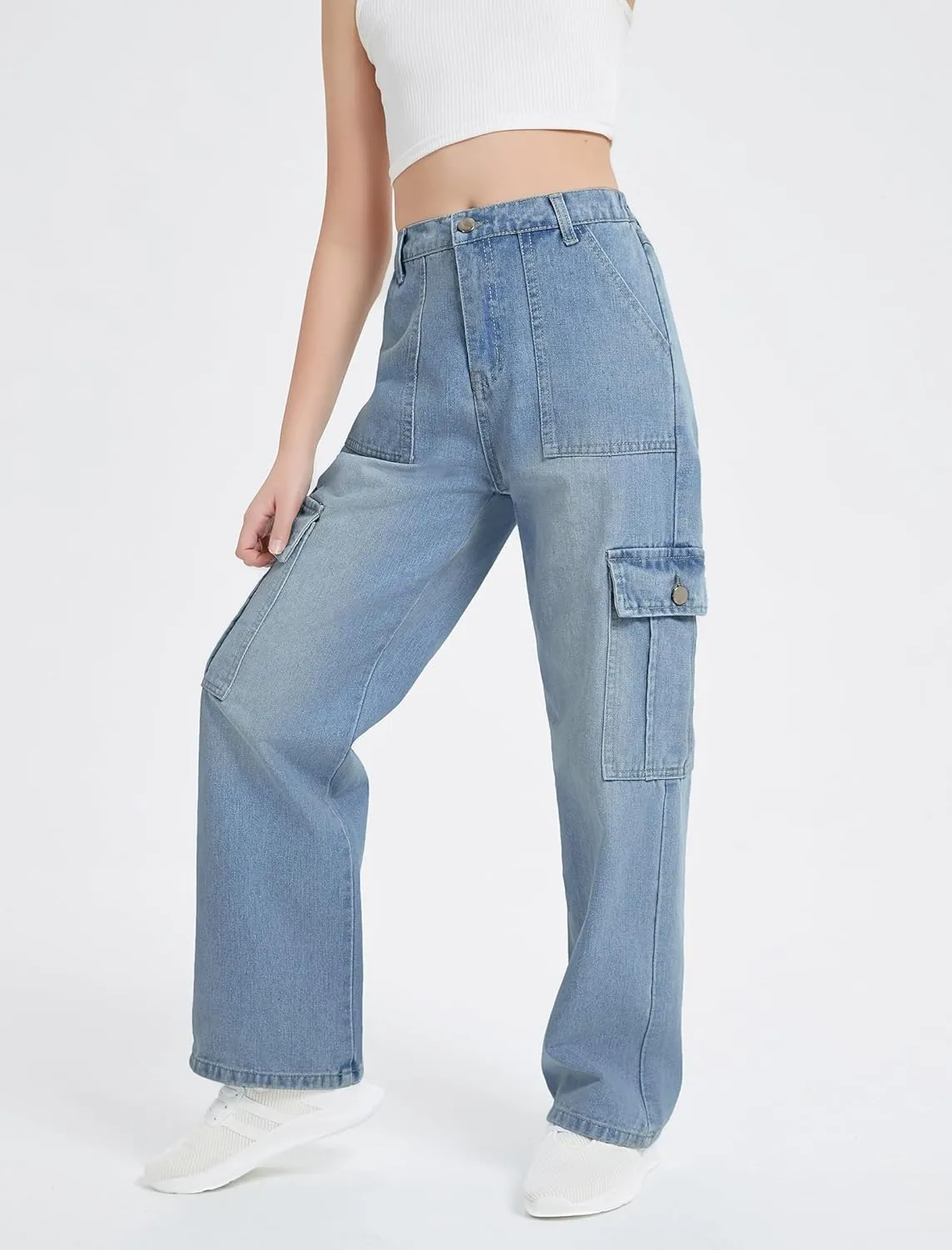 EXARUS Girls Jeans Cargo Pants Baggy Wide Leg High Elastic Waistband Kids Straight Denim Pant with Pockets Youth 8-14Y