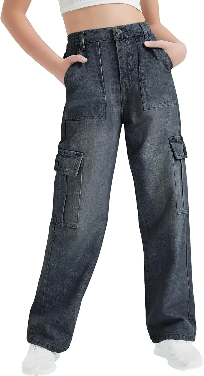EXARUS Girls Jeans Cargo Pants Baggy Wide Leg High Elastic Waistband Kids Straight Denim Pant with Pockets Youth 8-14Y