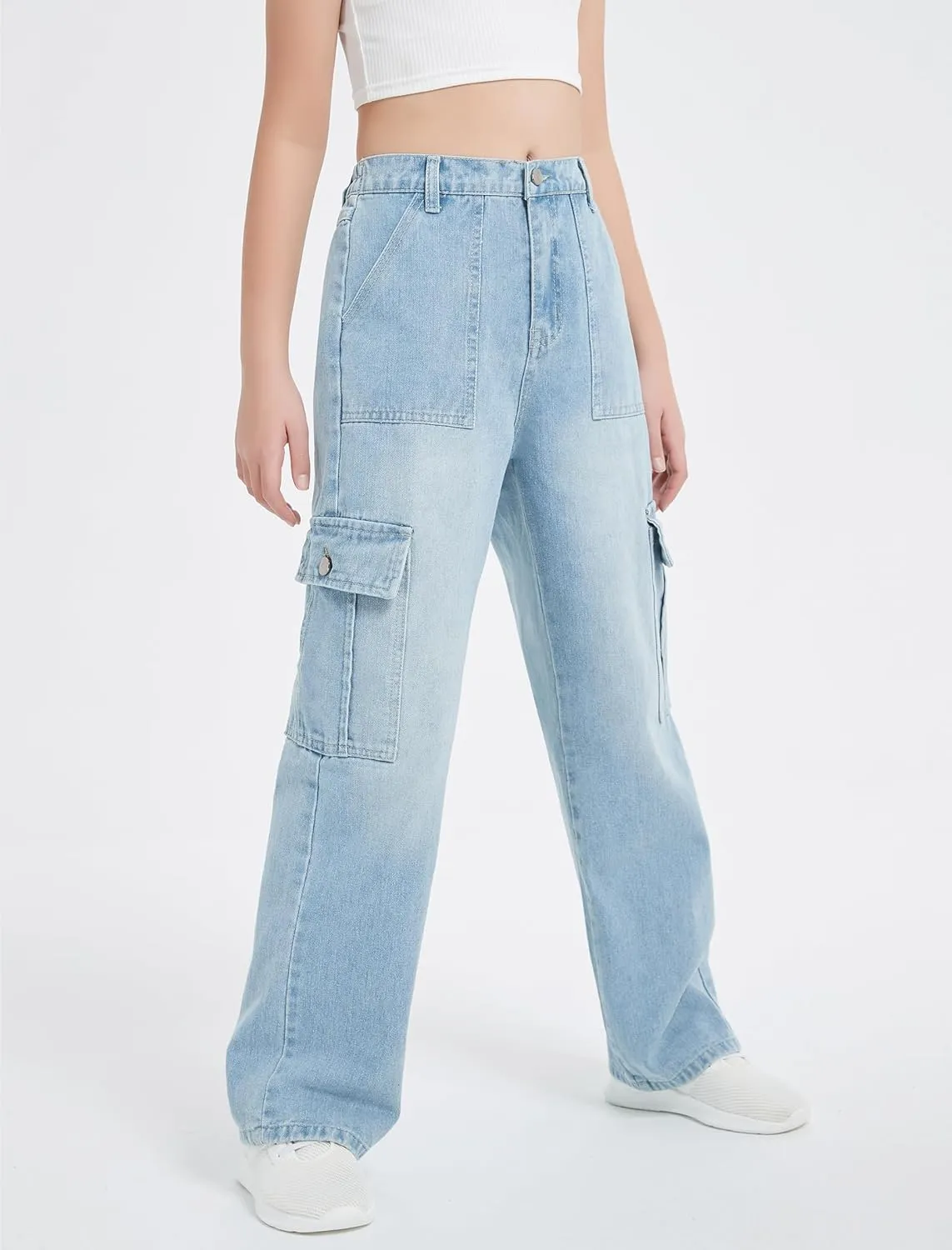 EXARUS Girls Jeans Cargo Pants Baggy Wide Leg High Elastic Waistband Kids Straight Denim Pant with Pockets Youth 8-14Y