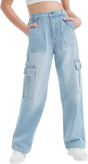 EXARUS Girls Jeans Cargo Pants Baggy Wide Leg High Elastic Waistband Kids Straight Denim Pant with Pockets Youth 8-14Y