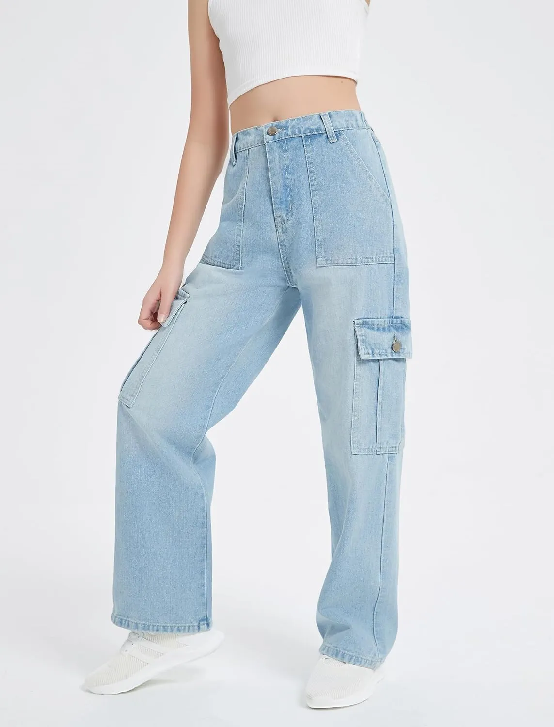 EXARUS Girls Jeans Cargo Pants Baggy Wide Leg High Elastic Waistband Kids Straight Denim Pant with Pockets Youth 8-14Y