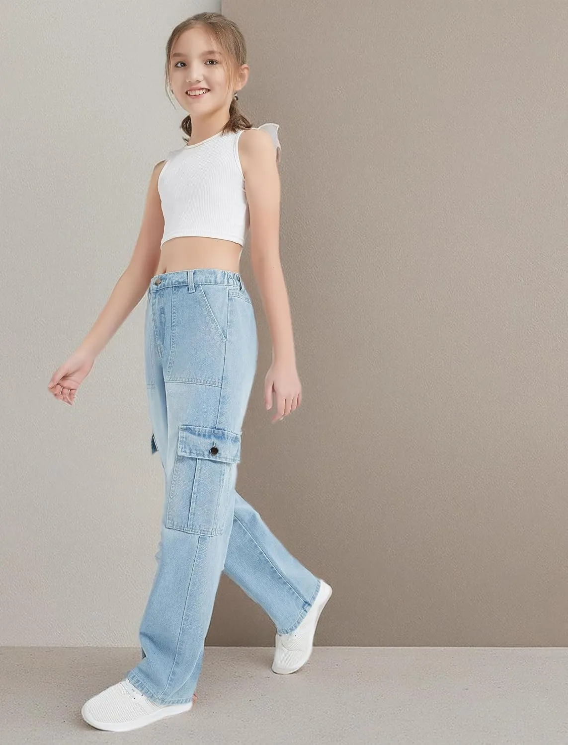 EXARUS Girls Jeans Cargo Pants Baggy Wide Leg High Elastic Waistband Kids Straight Denim Pant with Pockets Youth 8-14Y