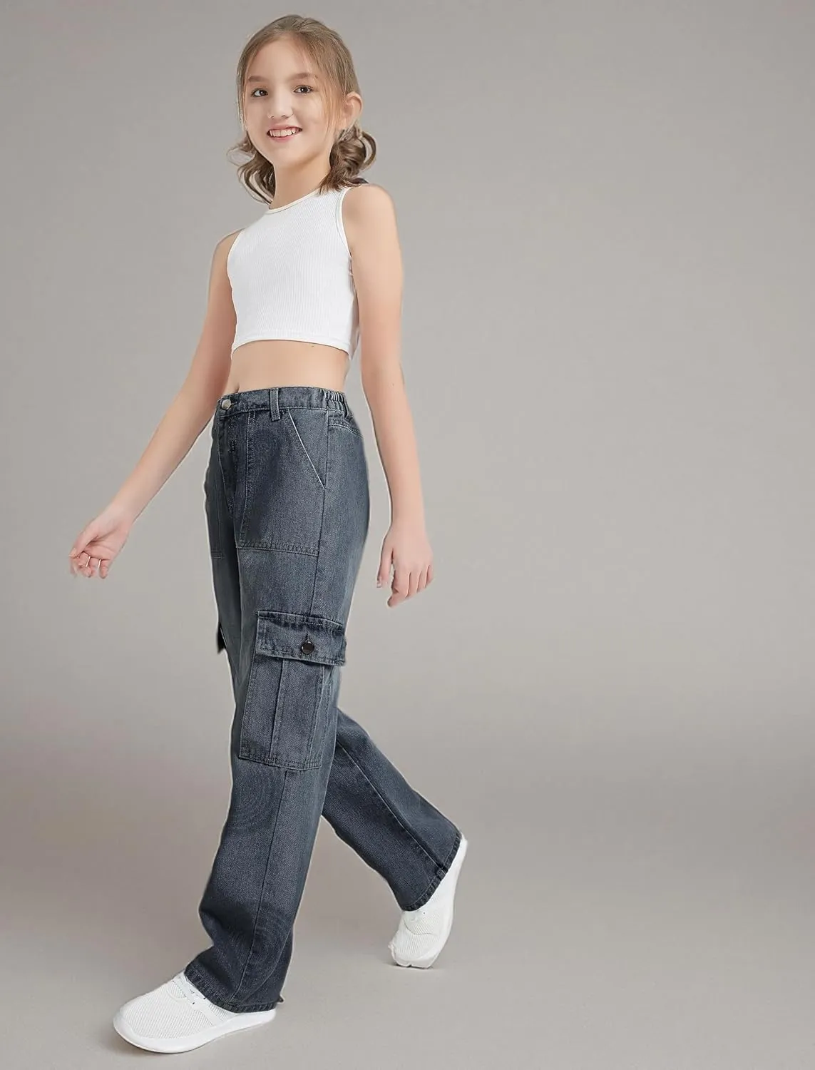 EXARUS Girls Jeans Cargo Pants Baggy Wide Leg High Elastic Waistband Kids Straight Denim Pant with Pockets Youth 8-14Y