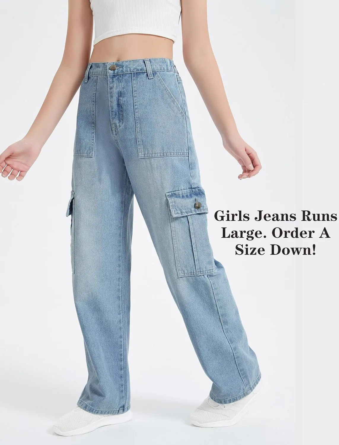 EXARUS Girls Jeans Cargo Pants Baggy Wide Leg High Elastic Waistband Kids Straight Denim Pant with Pockets Youth 8-14Y