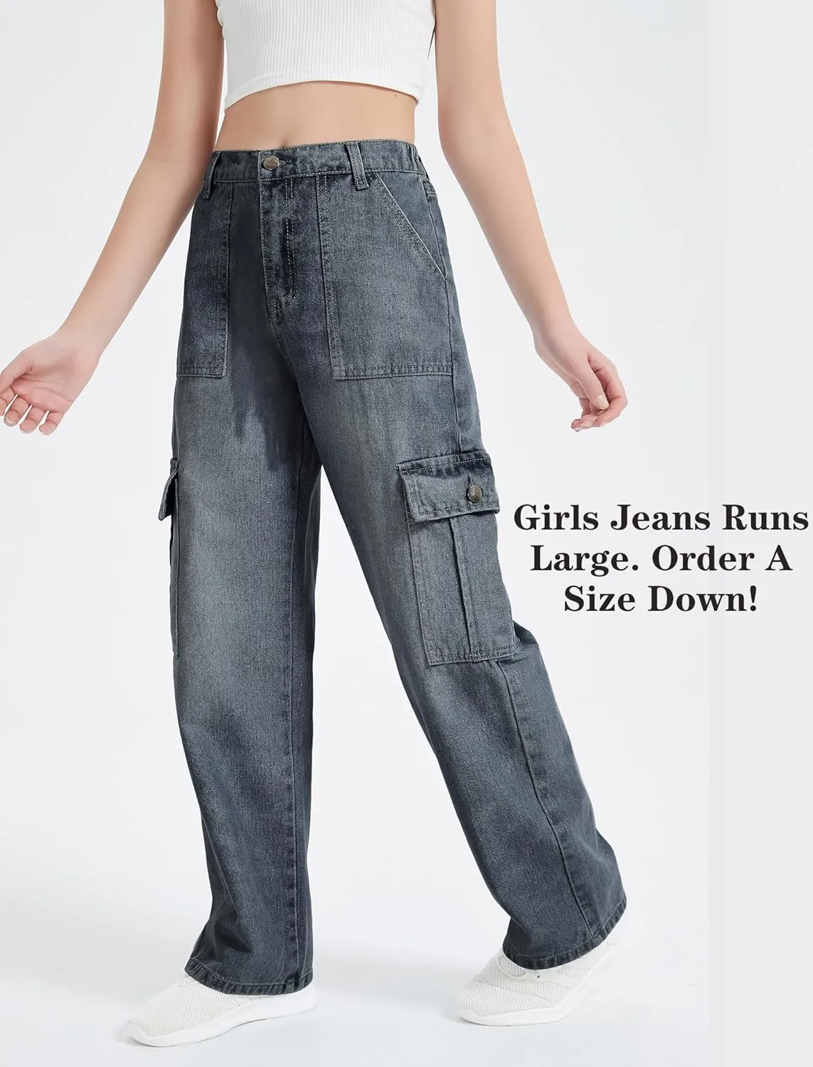 EXARUS Girls Jeans Cargo Pants Baggy Wide Leg High Elastic Waistband Kids Straight Denim Pant with Pockets Youth 8-14Y