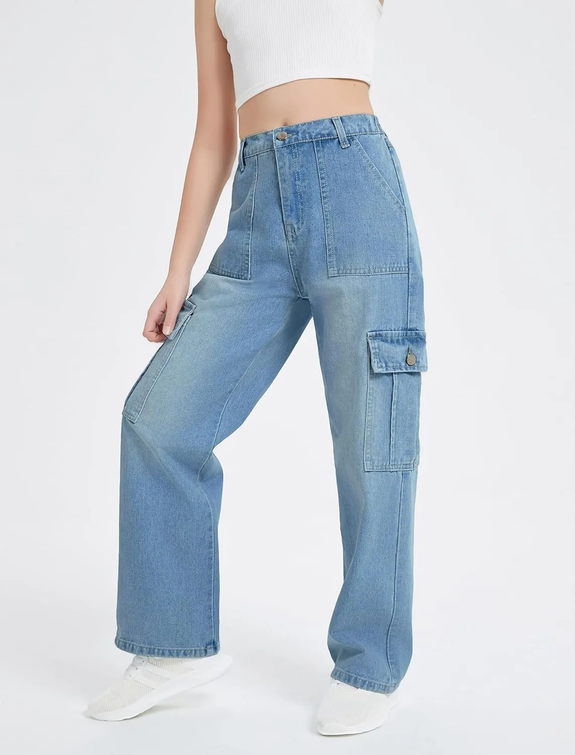 EXARUS Girls Jeans Cargo Pants Baggy Wide Leg High Elastic Waistband Kids Straight Denim Pant with Pockets Youth 8-14Y