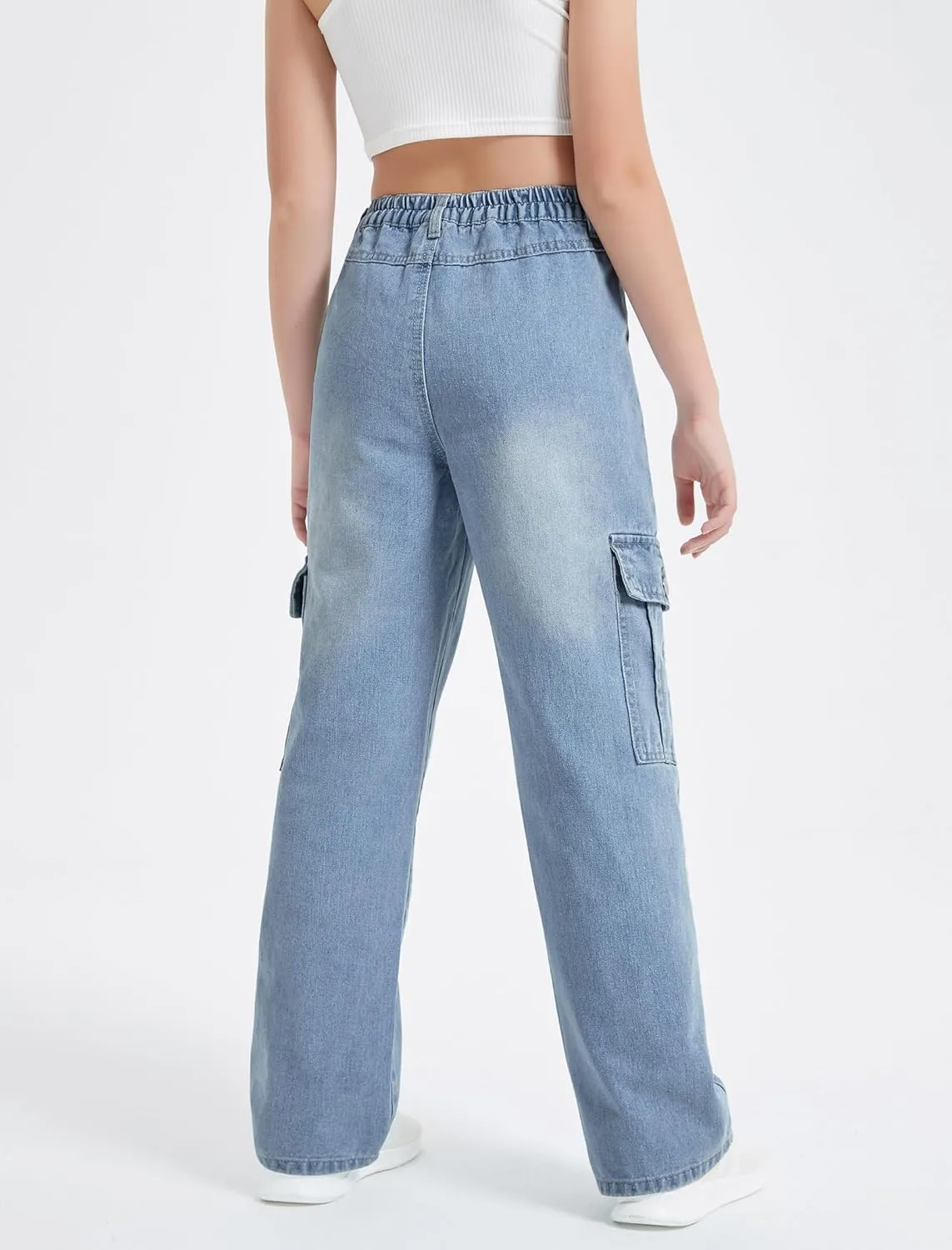 EXARUS Girls Jeans Cargo Pants Baggy Wide Leg High Elastic Waistband Kids Straight Denim Pant with Pockets Youth 8-14Y