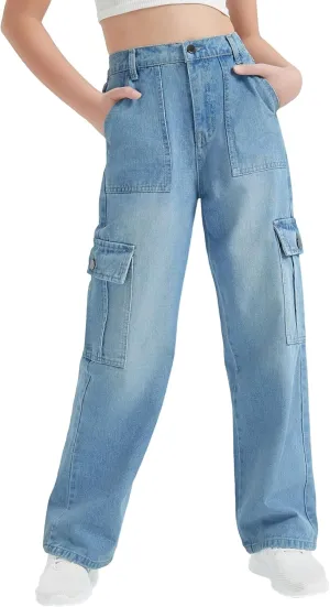 EXARUS Girls Jeans Cargo Pants Baggy Wide Leg High Elastic Waistband Kids Straight Denim Pant with Pockets Youth 8-14Y