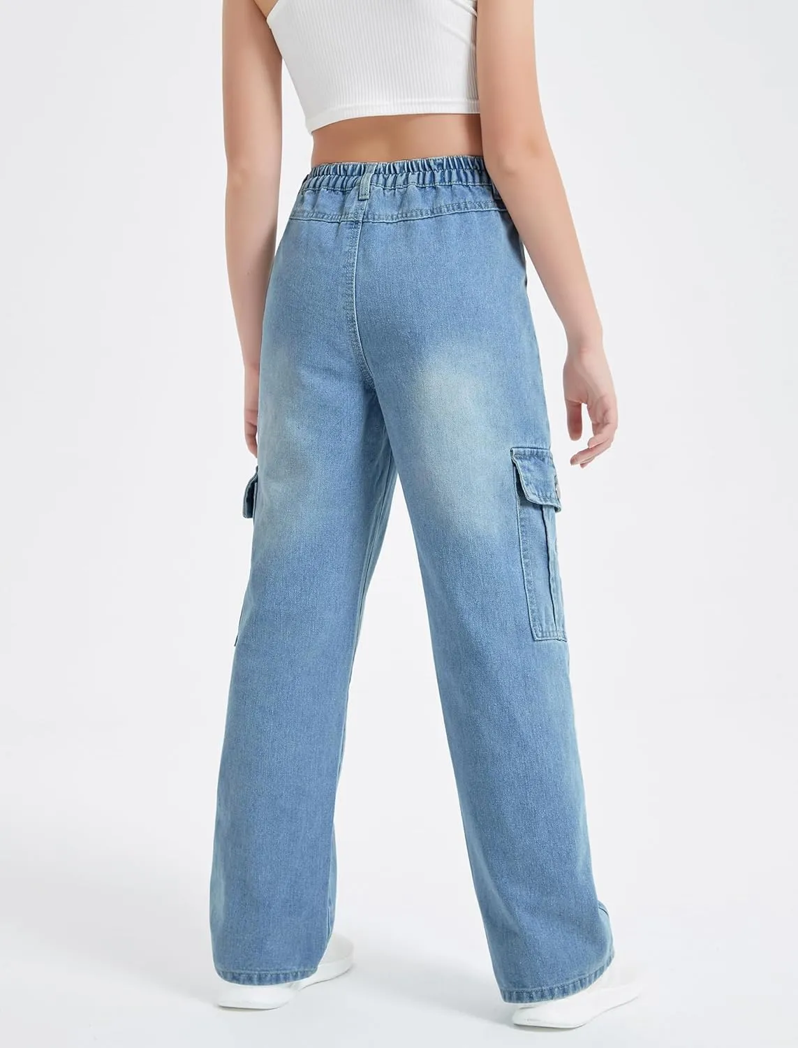 EXARUS Girls Jeans Cargo Pants Baggy Wide Leg High Elastic Waistband Kids Straight Denim Pant with Pockets Youth 8-14Y