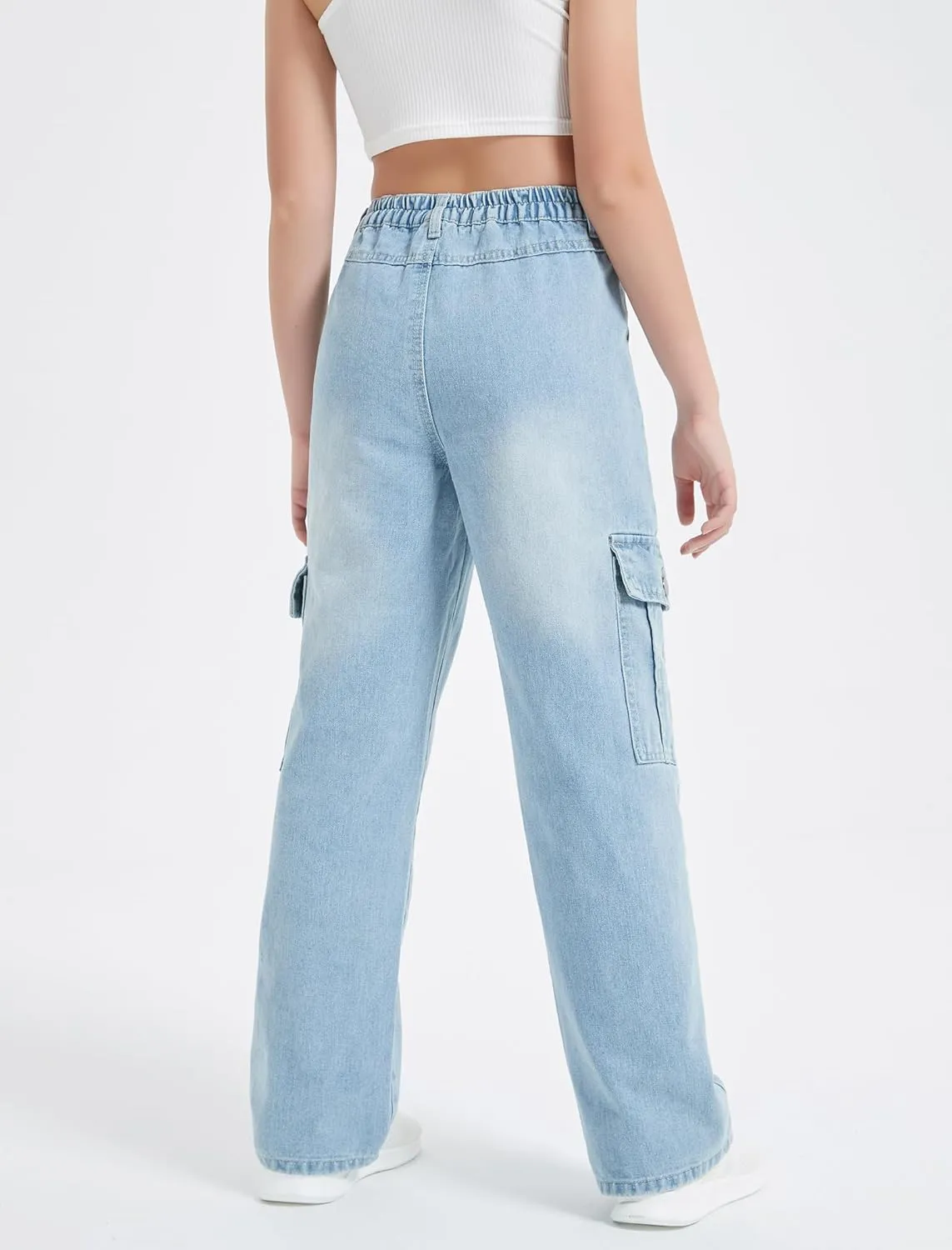 EXARUS Girls Jeans Cargo Pants Baggy Wide Leg High Elastic Waistband Kids Straight Denim Pant with Pockets Youth 8-14Y