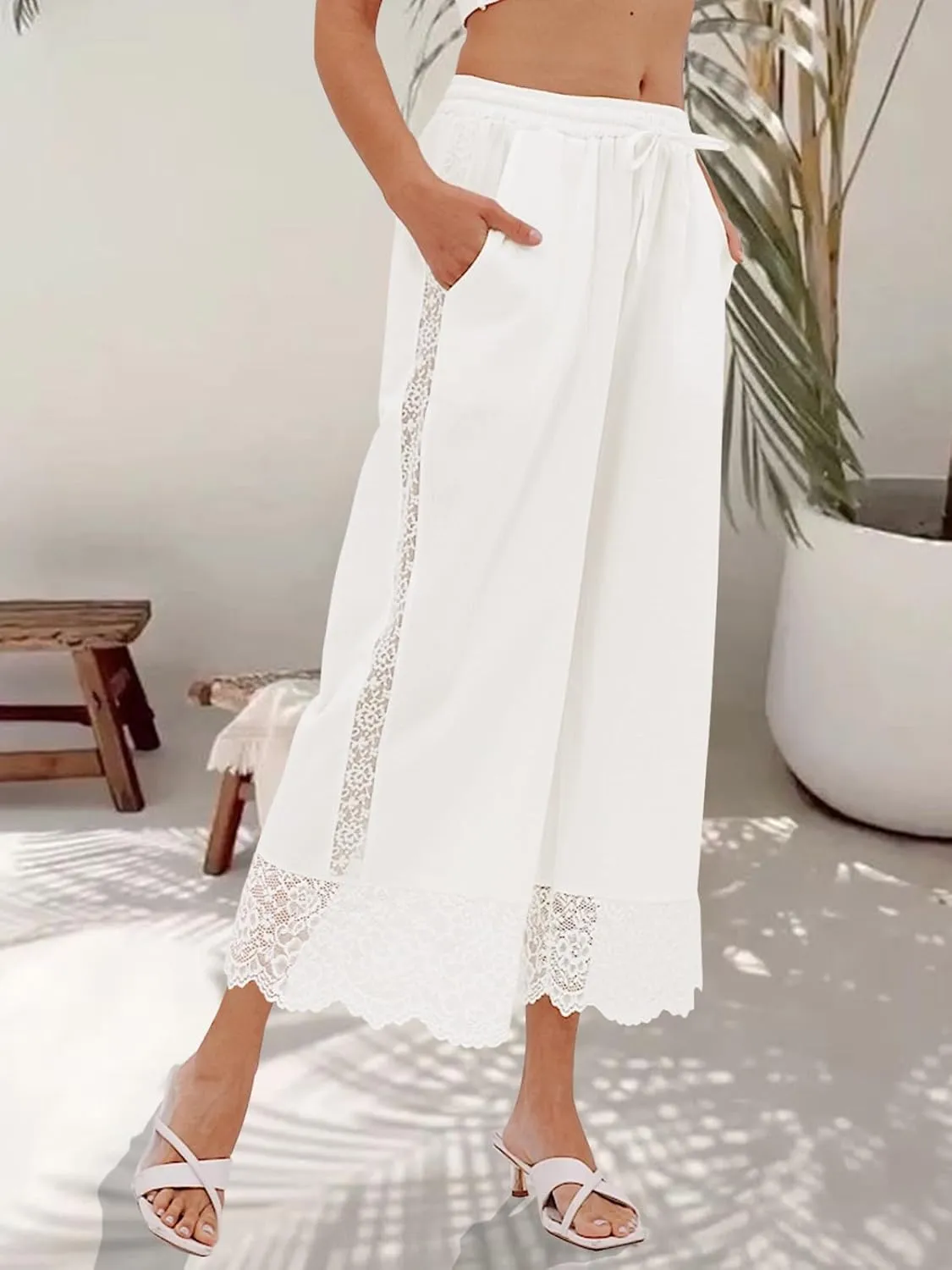 Fancysters Womens Linen Capri Pants Wide Leg High Waisted Palazzo Flowy Casual Loose Beach Summer Pants with Pockets