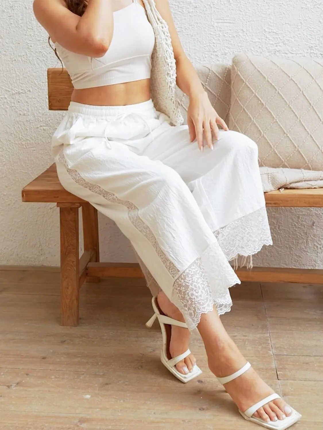 Fancysters Womens Linen Capri Pants Wide Leg High Waisted Palazzo Flowy Casual Loose Beach Summer Pants with Pockets