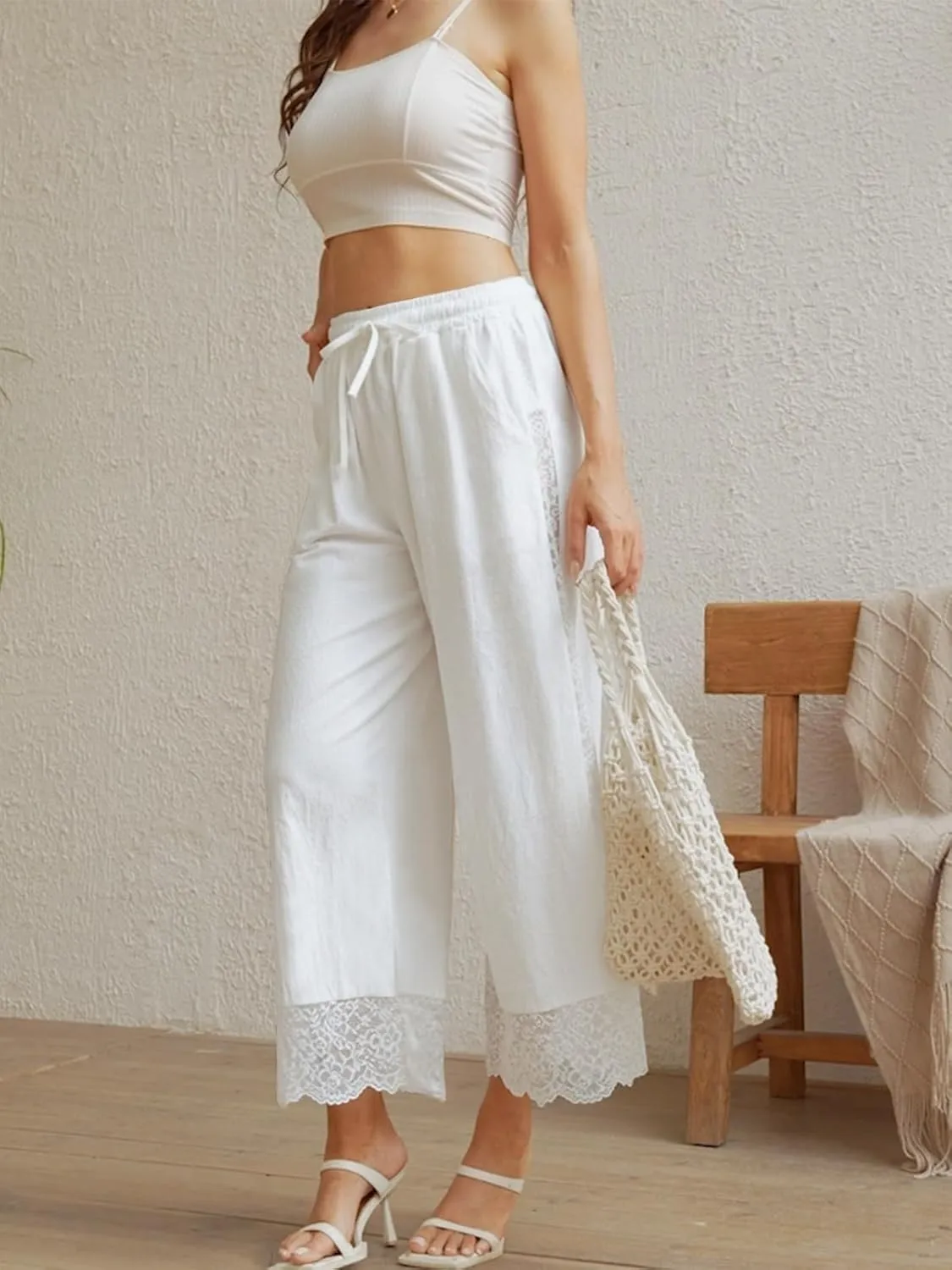 Fancysters Womens Linen Capri Pants Wide Leg High Waisted Palazzo Flowy Casual Loose Beach Summer Pants with Pockets