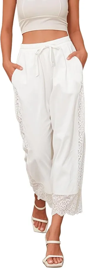 Fancysters Womens Linen Capri Pants Wide Leg High Waisted Palazzo Flowy Casual Loose Beach Summer Pants with Pockets