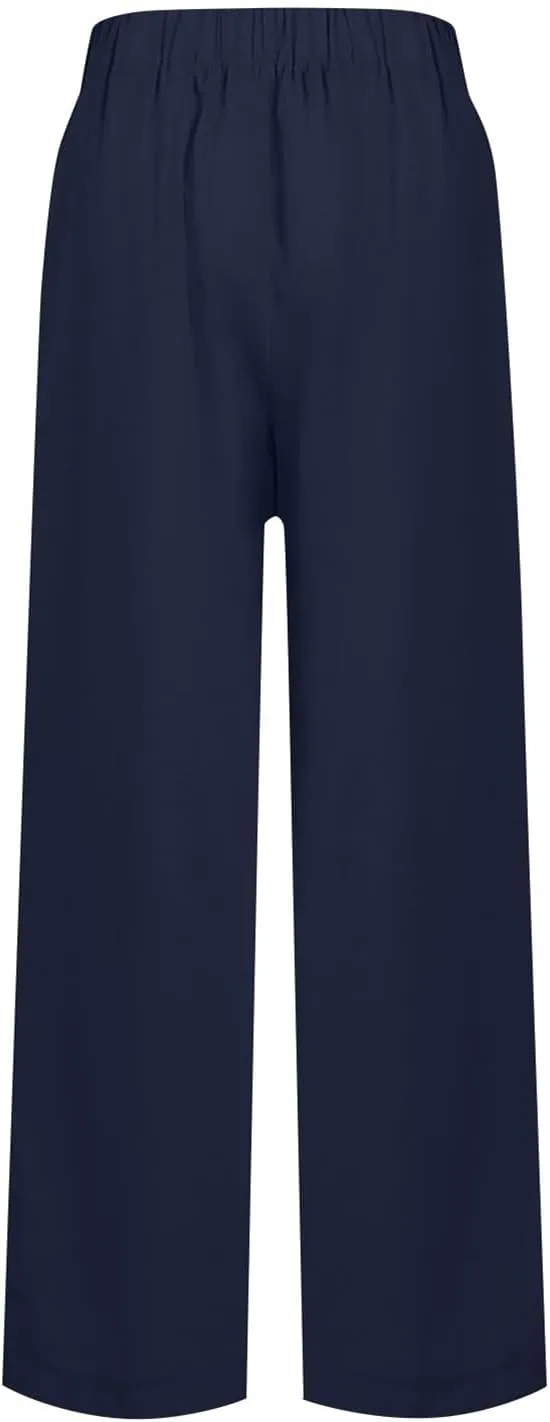 fanmpghleoo Womens Linen Palazzo Pants Summer Casual Loose High Waisted Flowy Wide Leg Pants Beach Trousers with Pockets