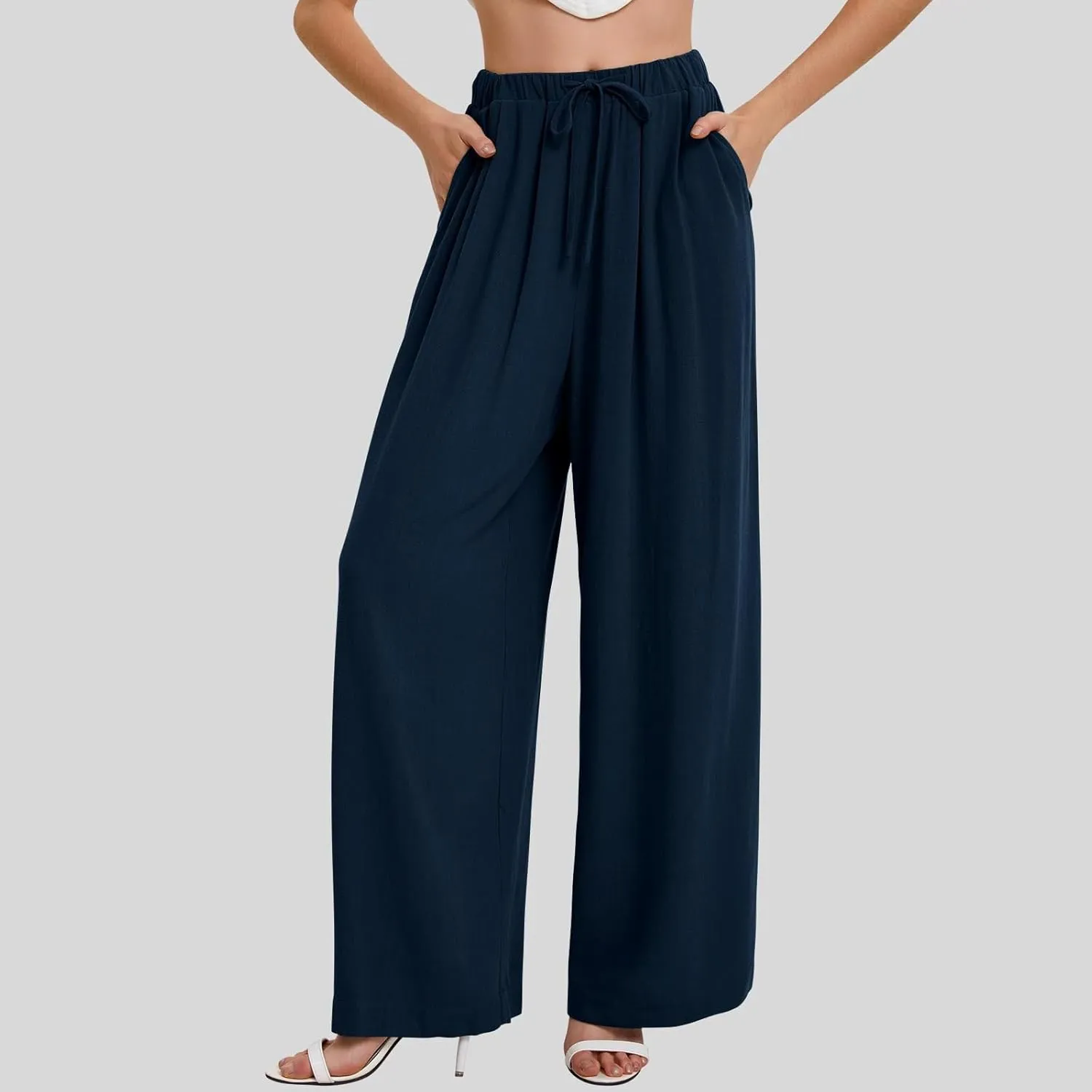 fanmpghleoo Womens Linen Palazzo Pants Summer Casual Loose High Waisted Flowy Wide Leg Pants Beach Trousers with Pockets