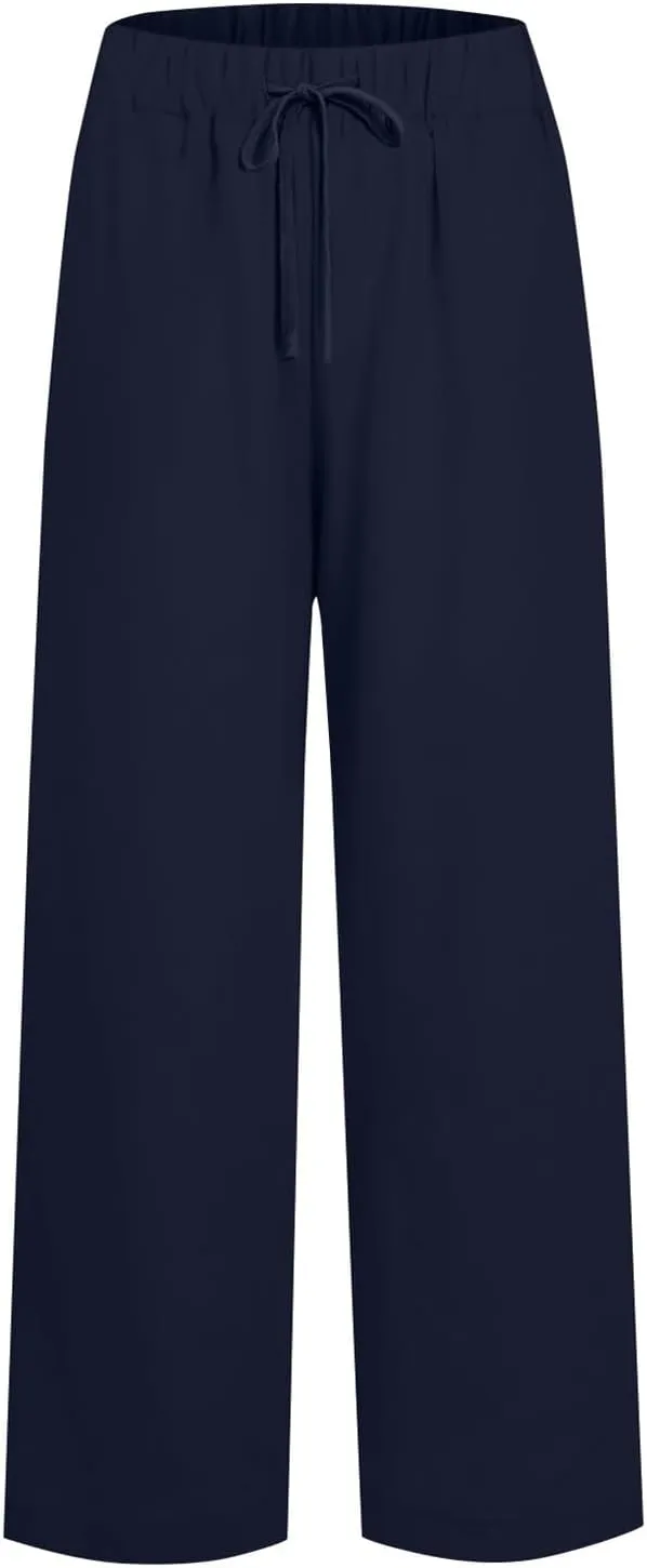 fanmpghleoo Womens Linen Palazzo Pants Summer Casual Loose High Waisted Flowy Wide Leg Pants Beach Trousers with Pockets