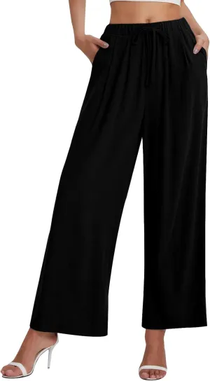 fanmpghleoo Womens Linen Palazzo Pants Summer Casual Loose High Waisted Flowy Wide Leg Pants Beach Trousers with Pockets