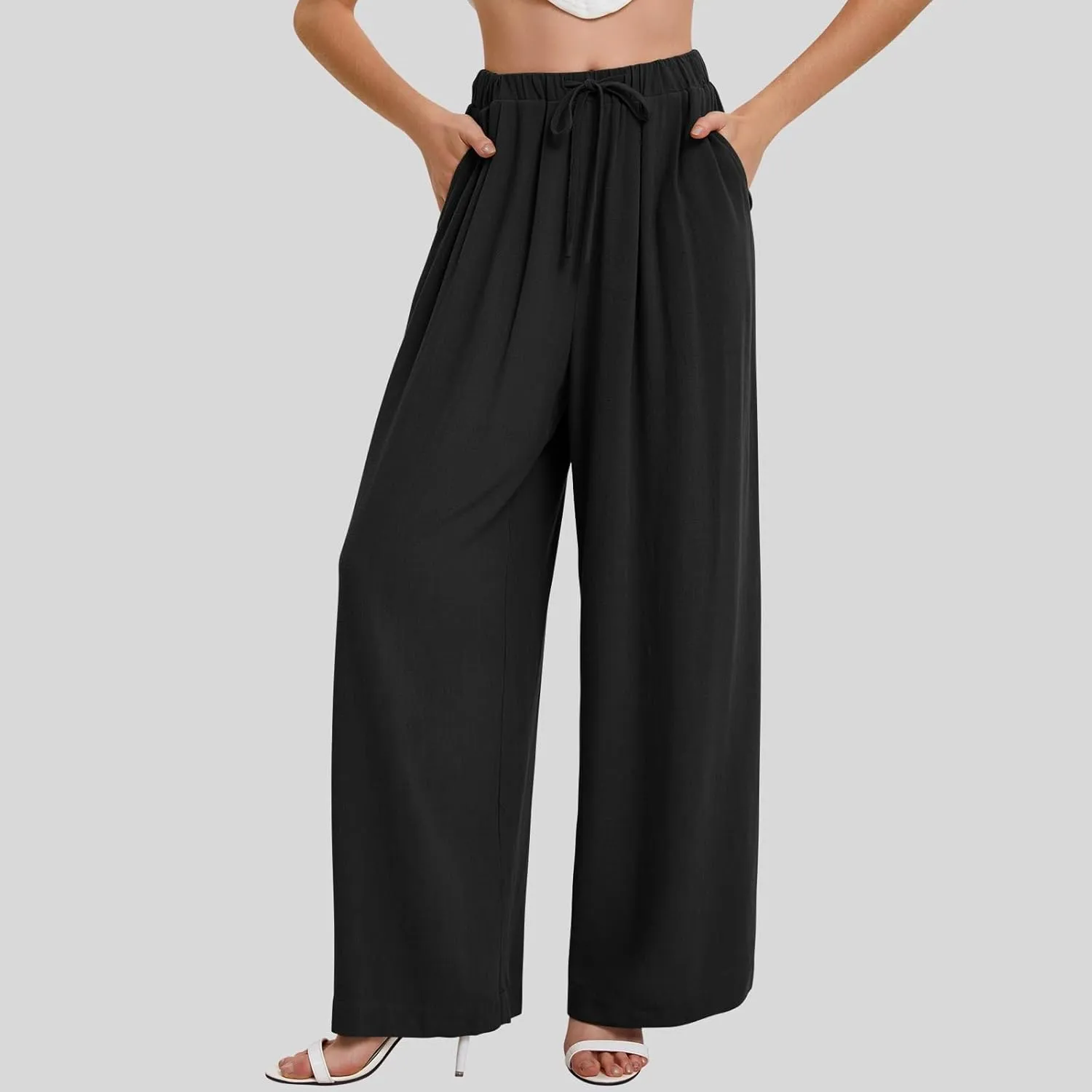 fanmpghleoo Womens Linen Palazzo Pants Summer Casual Loose High Waisted Flowy Wide Leg Pants Beach Trousers with Pockets