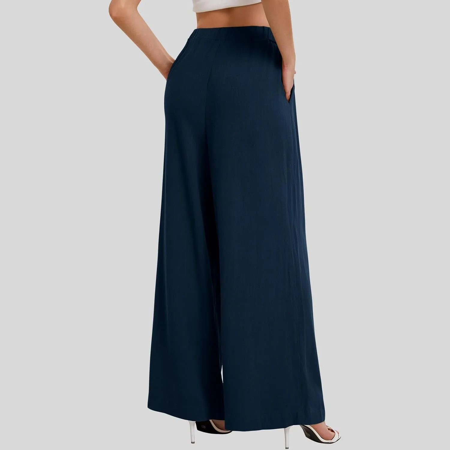 fanmpghleoo Womens Linen Palazzo Pants Summer Casual Loose High Waisted Flowy Wide Leg Pants Beach Trousers with Pockets