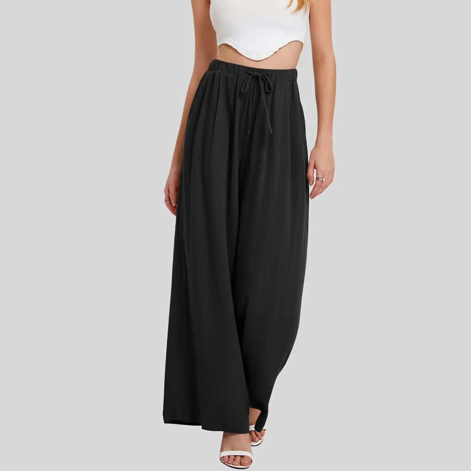 fanmpghleoo Womens Linen Palazzo Pants Summer Casual Loose High Waisted Flowy Wide Leg Pants Beach Trousers with Pockets