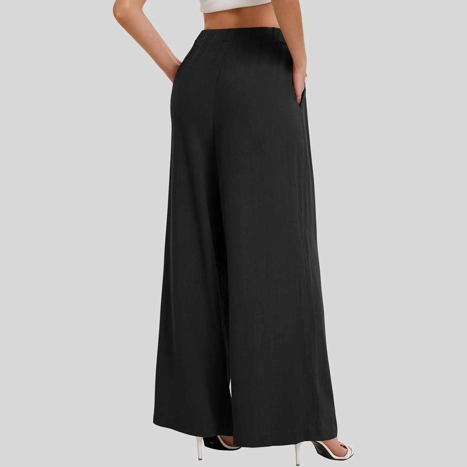 fanmpghleoo Womens Linen Palazzo Pants Summer Casual Loose High Waisted Flowy Wide Leg Pants Beach Trousers with Pockets