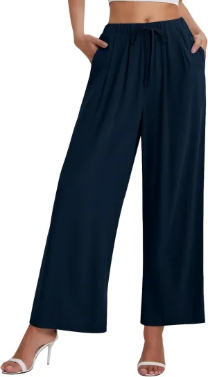 fanmpghleoo Womens Linen Palazzo Pants Summer Casual Loose High Waisted Flowy Wide Leg Pants Beach Trousers with Pockets