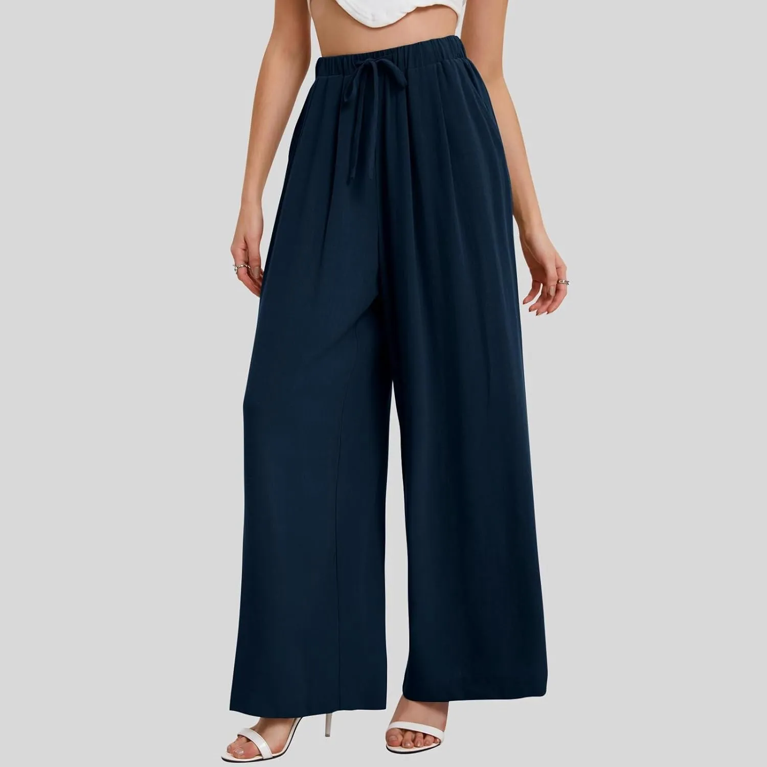 fanmpghleoo Womens Linen Palazzo Pants Summer Casual Loose High Waisted Flowy Wide Leg Pants Beach Trousers with Pockets