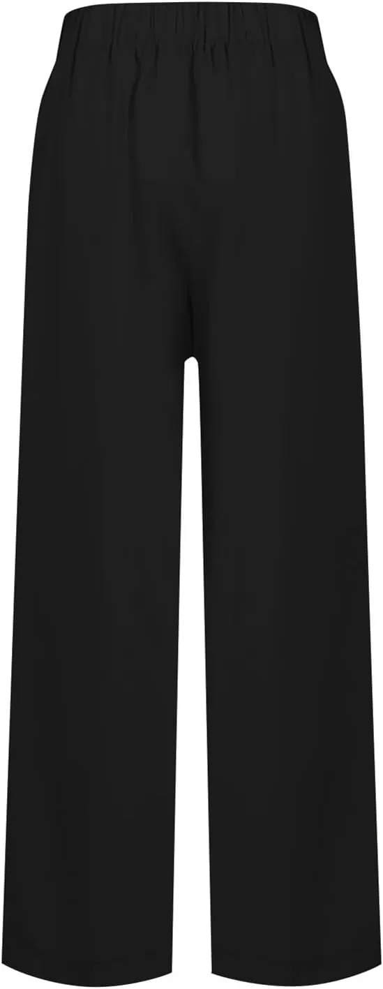 fanmpghleoo Womens Linen Palazzo Pants Summer Casual Loose High Waisted Flowy Wide Leg Pants Beach Trousers with Pockets