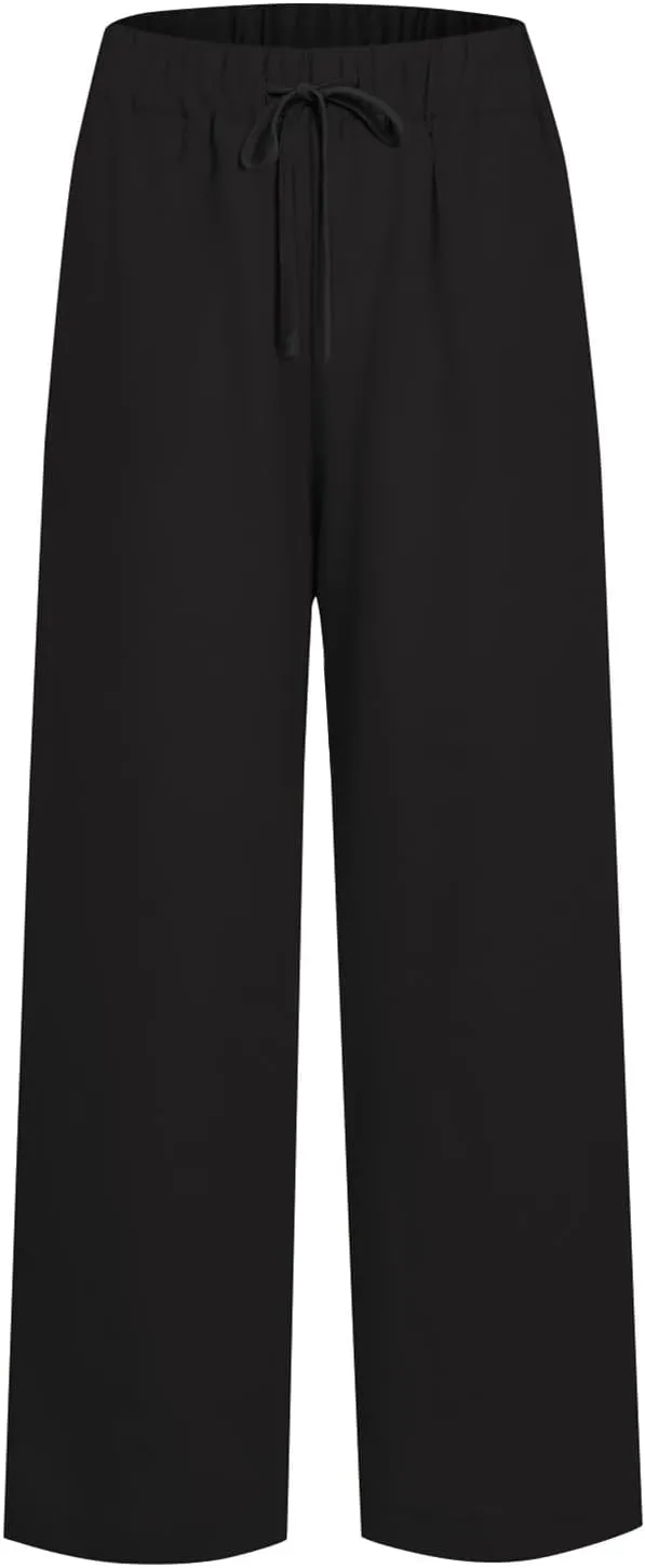 fanmpghleoo Womens Linen Palazzo Pants Summer Casual Loose High Waisted Flowy Wide Leg Pants Beach Trousers with Pockets