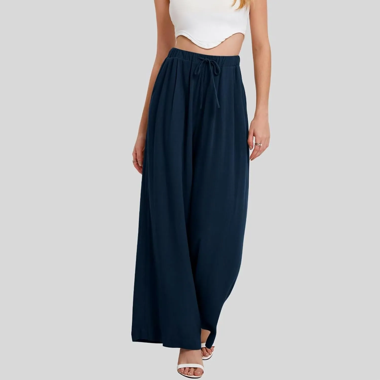 fanmpghleoo Womens Linen Palazzo Pants Summer Casual Loose High Waisted Flowy Wide Leg Pants Beach Trousers with Pockets