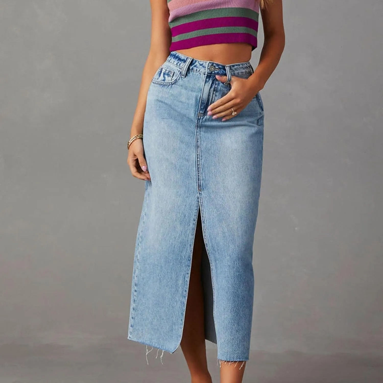 Fashion A-line Split Denim Skirt for Women Leisure High Waist Midi Skirts Comfortable Bodycon Going Out Skirts