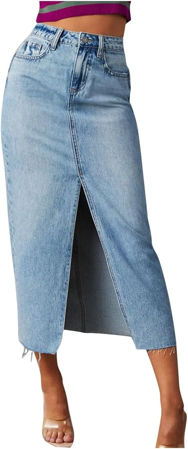 Fashion A-line Split Denim Skirt for Women Leisure High Waist Midi Skirts Comfortable Bodycon Going Out Skirts